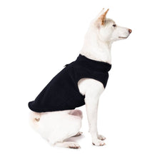 Load image into Gallery viewer, Dog wearing a Fleece Vest in black, designed for comfort and warmth during outdoor walks.