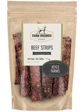 Load image into Gallery viewer, Farm Hounds beef strips jerky dog treats made from pastured products sourced from Joyce Farms.