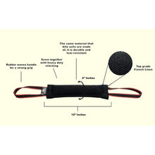 Load image into Gallery viewer, Viper French Linen Tug Dog Toy features strong rubber handle, heavy-duty stitching, and durable tear-resistant material.