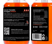 Load image into Gallery viewer, Brilliant Salmon Oil bottle showing natural, traceable ingredients and feeding instructions for dogs and cats.