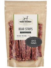 Load image into Gallery viewer, Farm Hounds Boar Strips dog jerky treats sourced from Joyce Farms, showcasing high-quality ingredients for pets.