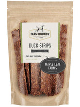 Load image into Gallery viewer, Farm Hounds Duck Strips dog treats, sourced from Maple Leaf Farms, high-quality jerky for dogs in a resealable bag.