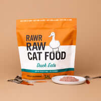 Load image into Gallery viewer, RAWR Duck Cat Food package with serving bowl, premium raw meal for sensitive cats, locally sourced in California.