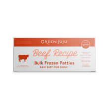 Load image into Gallery viewer, Green Juju Beef Recipe frozen raw patties for dogs, complete and balanced diet with grass-fed beef.