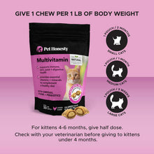 Load image into Gallery viewer, Pet Honesty Cat Daily Vitamin supplement bag with dosage instructions for different cat sizes.