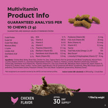 Load image into Gallery viewer, Pet Honesty cat multivitamin supplement product info, featuring guaranteed analysis and chicken flavor details.