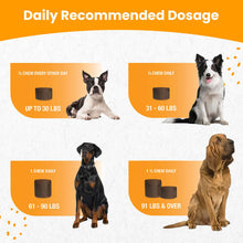 Load image into Gallery viewer, Daily recommended dosage chart for Progility Max Hip & Joint Soft Chew for different dog sizes.