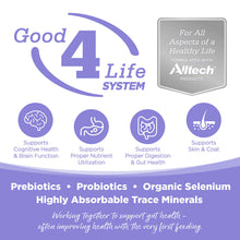 Load image into Gallery viewer, Infographic on Good 4 Life System by Alltech, highlighting benefits for cognitive health, digestion, and skin support.