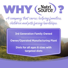 Load image into Gallery viewer, NutriSource company cares for families and pets, highlighting their 3rd generation family-owned and targeted diets.
