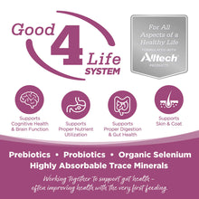 Load image into Gallery viewer, Good 4 Life System infographic by Alltech, highlighting benefits like cognitive health, digestion, and skin support.