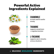 Load image into Gallery viewer, Image showcasing ingredients for calming cats: chamomile, thiamine, and l-theanine with descriptions.