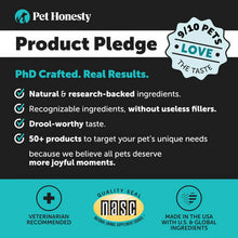 Load image into Gallery viewer, Pet Honesty product pledge card highlighting natural ingredients and 50+ pet products for unique needs.