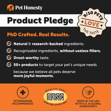 Load image into Gallery viewer, Pet Honesty product pledge image highlighting natural ingredients and pet satisfaction with a quality seal.