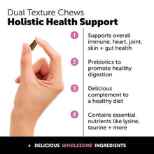 Load image into Gallery viewer, Hand holding a dual texture chew for cat health support, featuring immune, heart, joint, and digestive benefits.