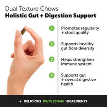 Load image into Gallery viewer, Hand holding a dual texture chew for holistic gut and digestion support in pets, featuring health benefits.