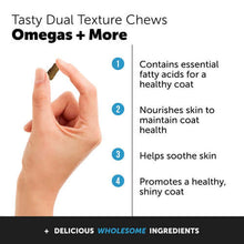 Load image into Gallery viewer, Hand holding a chew promoting cat skin and coat health with benefits listed: essential fatty acids, nourishes skin, soothes skin, shiny coat.