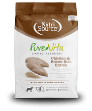 Load image into Gallery viewer, NutriSource PureVita Chicken & Brown Rice dog food bag featuring wholesome grains for all life stages.