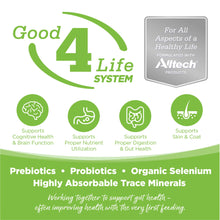 Load image into Gallery viewer, Good 4 Life System infographic showing support for cognitive health, digestion, and skin care with prebiotics and probiotics.