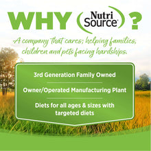 Load image into Gallery viewer, NutriSource mission statement highlighting family-owned values and tailored diets for pets in a supportive environment.