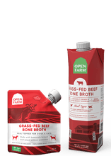 Load image into Gallery viewer, Open Farm Grass-Fed Beef Bone Broth in carton and pouch, rich in collagen, for dogs and cats, humanely sourced.