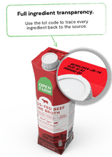 Load image into Gallery viewer, Open Farm Grass-Fed Beef Bone Broth carton highlighting ingredient transparency and traceability with lot code.