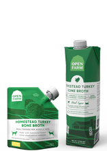 Load image into Gallery viewer, Open Farm Homestead Turkey Bone Broth for dogs and cats, featuring a meal topper pouch and a carton, nutrient-rich and humane.