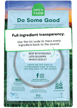 Load image into Gallery viewer, Ingredient transparency details for Open Farm dog food packaging with lot code for traceability.