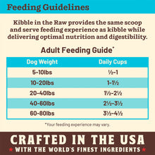 Load image into Gallery viewer, Feeding guidelines for Kibble in the Raw adult dog food based on dog weight and recommended daily cups.