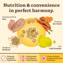 Load image into Gallery viewer, Ingredients for Kibble in the Raw Puppy Recipe: raw chicken, pork, air-dried produce, steamed sorghum, and cold-pressed oil.