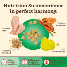 Load image into Gallery viewer, Ingredients for balanced dog nutrition: raw chicken, air-dried produce, steamed sorghum, and cold-pressed oil.