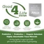 Load image into Gallery viewer, Good 4 Life System infographic highlighting prebiotics, probiotics, organic selenium, and minerals for optimal pet health.
