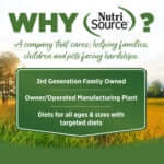 Load image into Gallery viewer, NutriSource company overview emphasizing family ownership, targeted diets for all pets, and commitment to quality care.