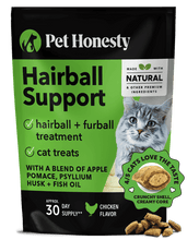 Load image into Gallery viewer, Pet Honesty Hairball Support chicken cat treats, featuring crunchy shell and creamy core for hairball relief.