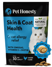 Load image into Gallery viewer, Pet Honesty Skin & Coat Health for cats, 30 day supply, chicken flavor, soothing allergy relief with Omegas and Biotin.