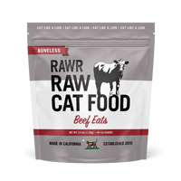 Load image into Gallery viewer, RAWR Cat Food packaging showcasing Boneless Beef Eats for sensitive cats, made in California.