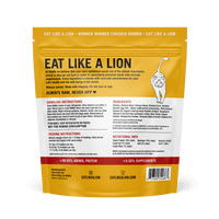 Load image into Gallery viewer, Back view of Eat Like a Lion Chicken Dinner packaging, displaying ingredients and preparation instructions for cat food.