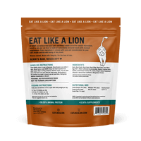 Load image into Gallery viewer, Back of the 'Eat Like a Lion' cat food package, featuring ingredients and feeding instructions.