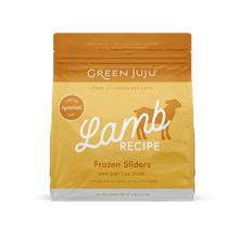 Load image into Gallery viewer, Green Juju Frozen Raw Lamb dog food packaging featuring grass-fed lamb, limited ingredient diet, and complete nutrition for dogs.