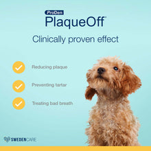 Load image into Gallery viewer, ProDen PlaqueOff with a happy dog, showcasing the benefits of reducing plaque, preventing tartar, and treating bad breath.