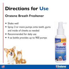 Load image into Gallery viewer, Instructions for Zymox Oratene Breath Freshener, 4oz spray for freshening pet breath and cleaning teeth.