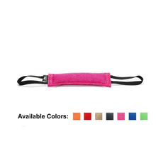 Load image into Gallery viewer, Viper French Linen Tug Dog Toy in pink color with black handles and available in various colors.