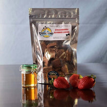 Load image into Gallery viewer, Doggie Style Gourmet Treats Strawberry Slobber Cakes in packaging with honey and fresh strawberries, handmade dog treats.
