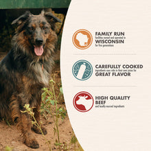 Load image into Gallery viewer, Happy dog with text highlights on family-run, carefully cooked, and high-quality ingredients.