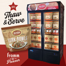 Load image into Gallery viewer, Fromm Bonnihill Farms TurkiBowls in freezer showcasing thaw and serve convenience for pets.