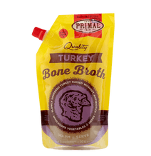 Load image into Gallery viewer, Primal Frozen Turkey Bone Broth 20oz pouch for pets, rich in hydration and nutrients for better health.