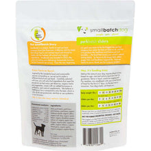Load image into Gallery viewer, Back of Smallbatch Frozen Pork packaging, showing ingredients and feeding instructions for dogs.