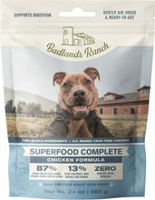 Load image into Gallery viewer, Badlands Ranch Superfood Complete Chicken formula dog food package supports digestion with traceable ingredients.