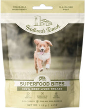 Load image into Gallery viewer, Badlands Ranch Freeze Dried Bites 100% Beef Liver, nutritious dog treats in 4oz packaging, ideal for all breeds.