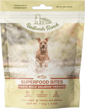 Load image into Gallery viewer, Badlands Ranch Freeze Dried Bites 100% Salmon 4oz packaging with dog enjoying treats outdoors.