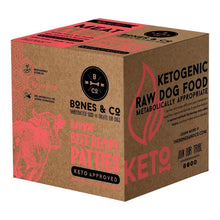 Load image into Gallery viewer, Bones & Co Barkin' Beef Recipe patties box, keto approved raw dog food, made with 95% meat and organs.